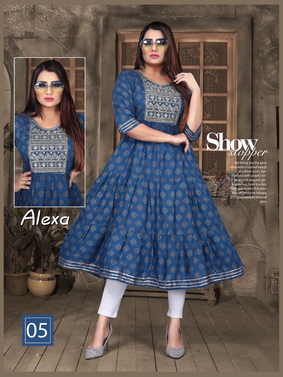 Aagya Golden Alexa Rayon Printed fancy Wear Designer Long Kurti Collection
